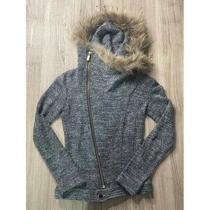 Met Womens Jacket Gray Marled Waist Length Full Zip Asymmetric Fur Trim Hood XS